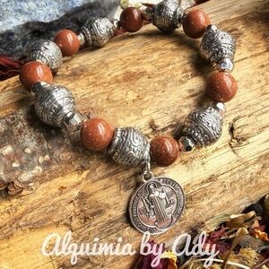 Maximalist bold Silver and brown sunstone saint Benedict Beaded Bracelet